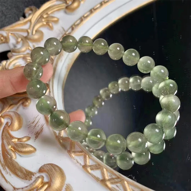 8MM Natural Green Rabbit Hair Quart Bracelet Women Men Genuine Gemstone Round Beads Stretch Crystal Jewelry