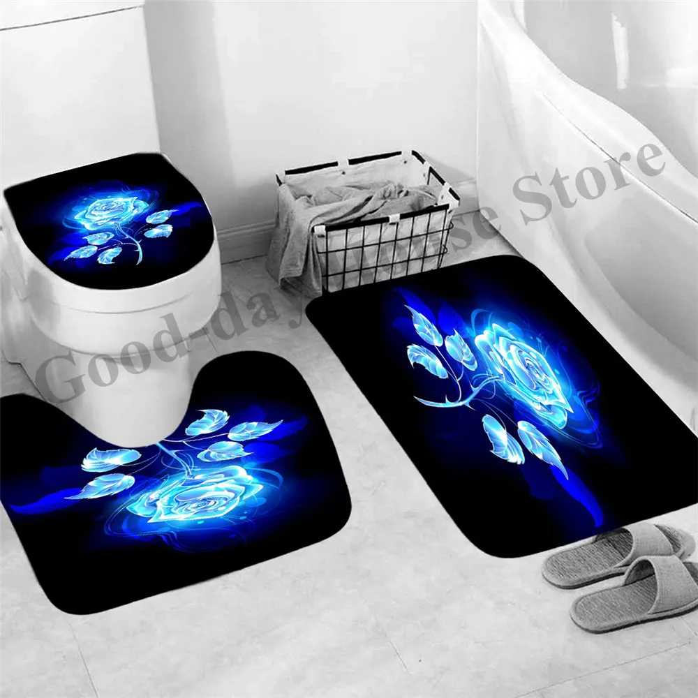 Shower Bathroom Mat Luxury  Black Non Slip Mug Carpet Modern Flower Toilet Seat Lip Cover Bath Home Decor Accessories 3pcs