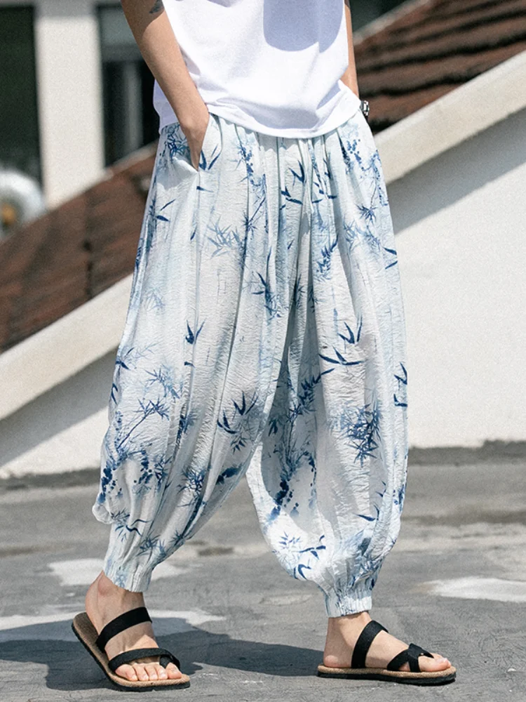 

Новые китайские летние тонкие свободные брюки-харланы из ледяного шелка, повседневные дышащие прохладные брюки-фонарики для мужчин