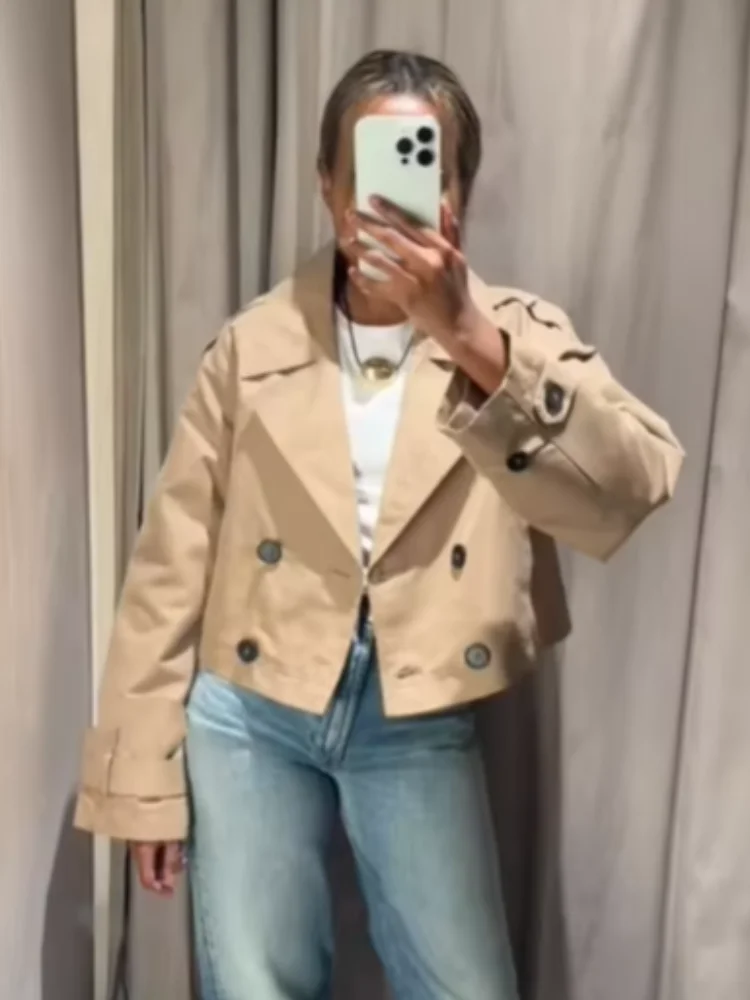 Brown Double Breasted Short Trench Coats Women Casual Lapel Long Sleeve Pocket Cropped Jackets Lady Commute Office Street Wear