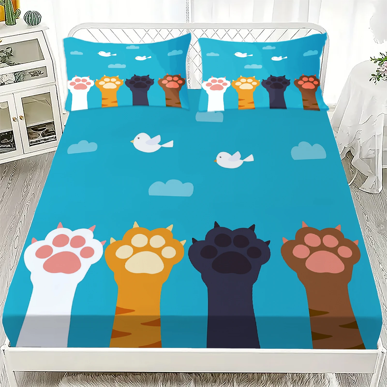 3pcs Cartoon Fitted Sheet Set Pink Cute Cat Claws Print 100% Polyester Breathable Bedding Set for Home Decor with 2 Pillowcases