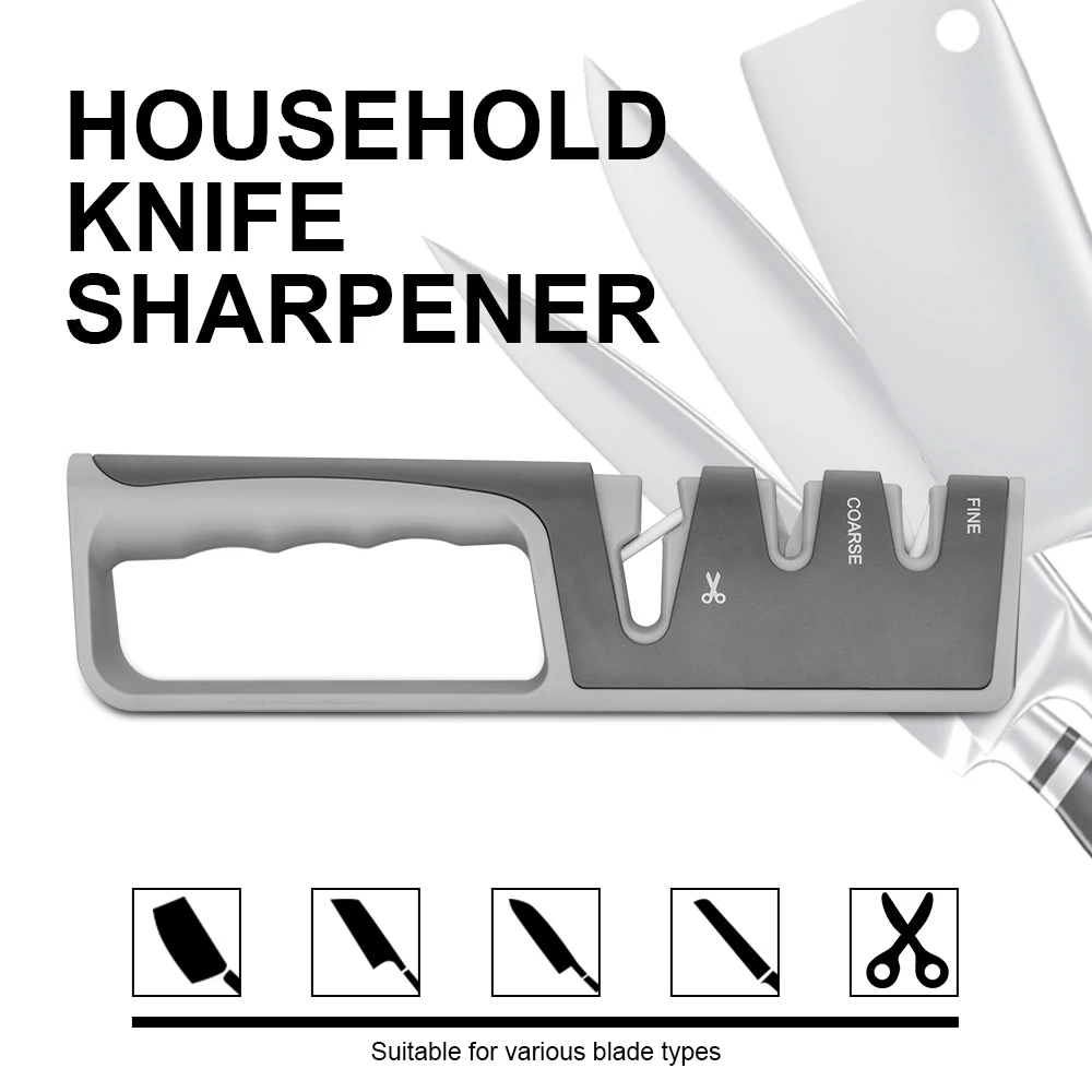Three stage knife sharpener for repairing, restoring, and polishing blades, kitchen tools, and coarse and fine grinding