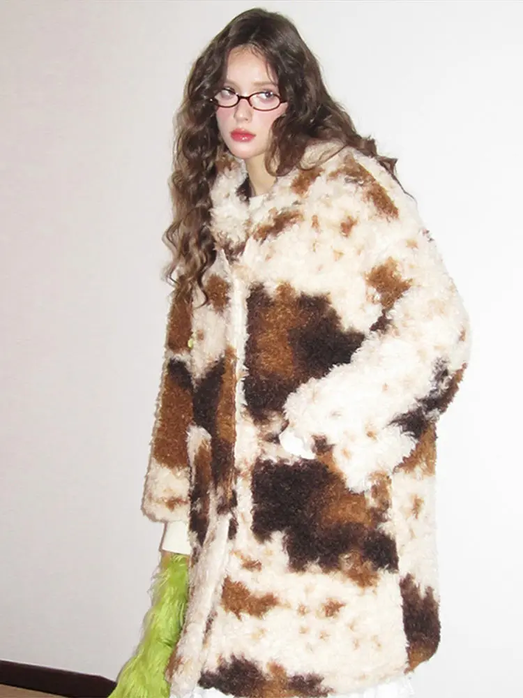 Warme Faux Pelz drehen-unten Kragen Mantel Frauen Mode Einreiher Lose Leopard Print Outwear Dame Herbst Winter Chic jacken