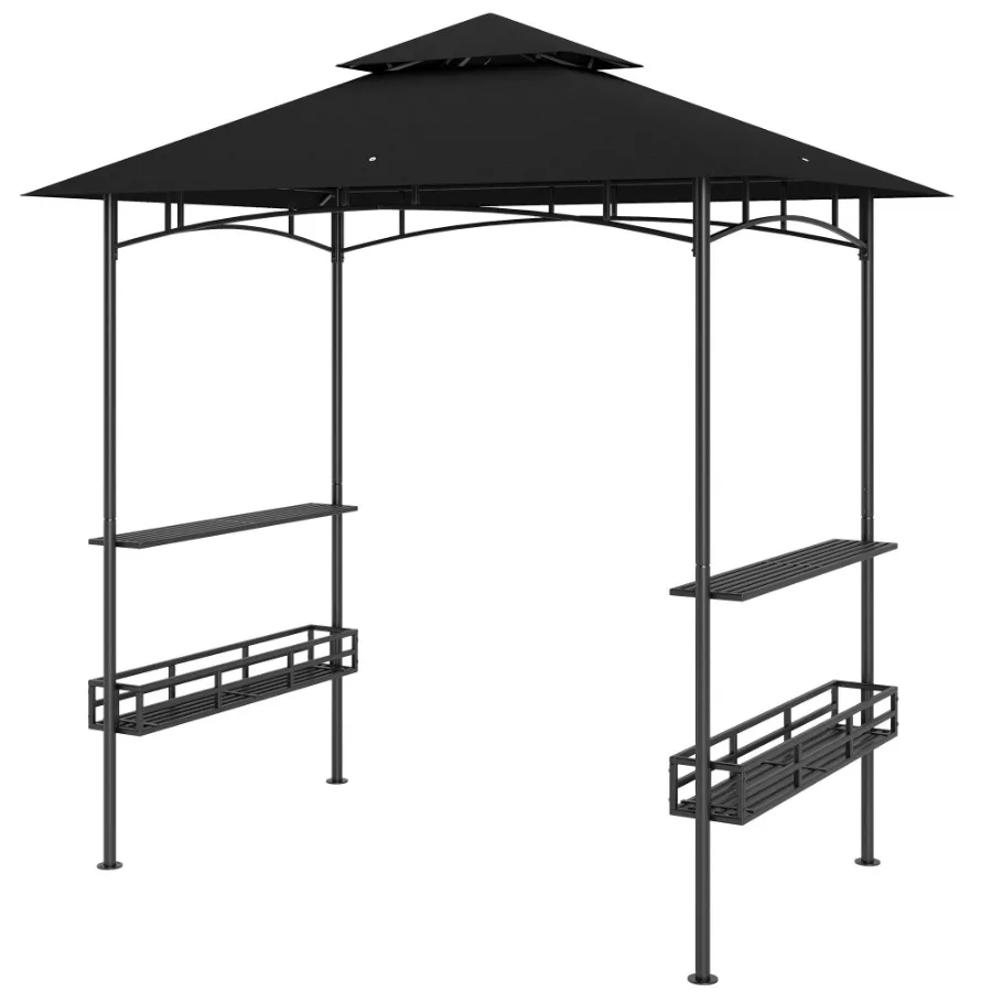 

8' x 5' BBQ Grill Gazebo 2Tier Outdoor BBQ Gazebo with 2 Side Shelves Storage Baskets Ceiling Hook Dark Gray