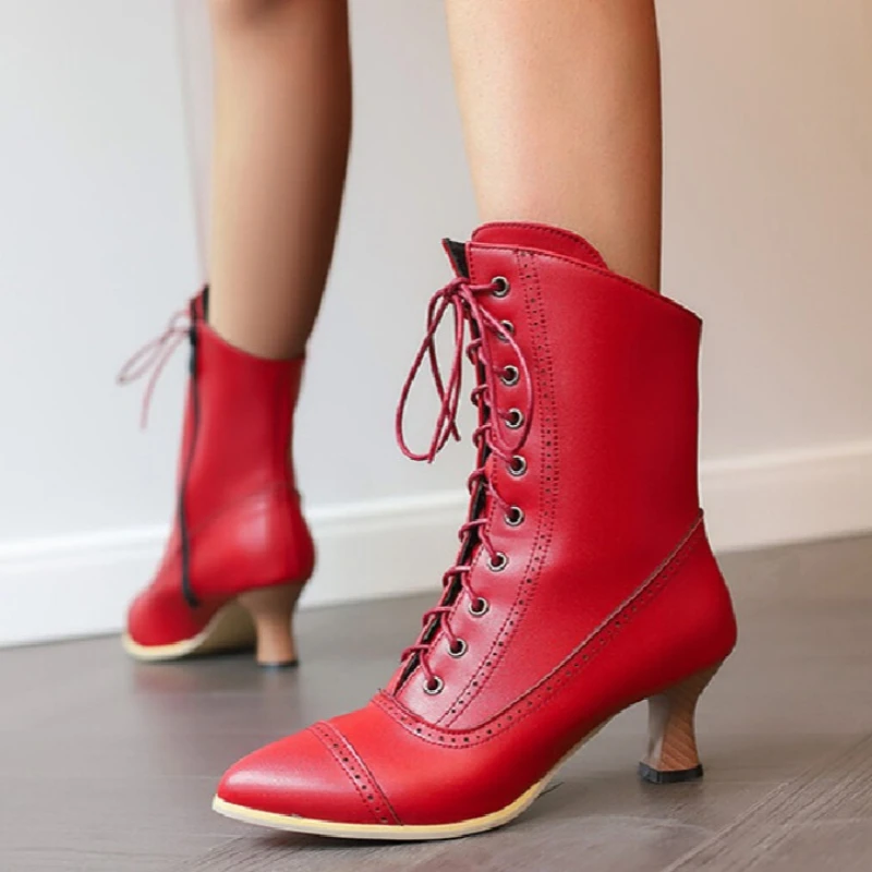 

Retro Cross Lace Ankle Boots for Women Pointed Toe British Style Noble Knight Short Boots Ladies Chunky Low Heel Women's Shoes