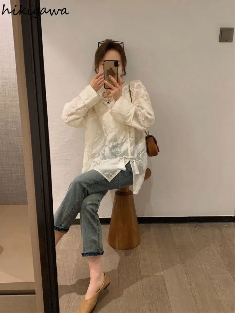 Chinese Style Blouses Women Clothing Oversized Tops Long Sleeve Tassel Shirts Fashion Summer Lace See Throught Camisas De Mujer