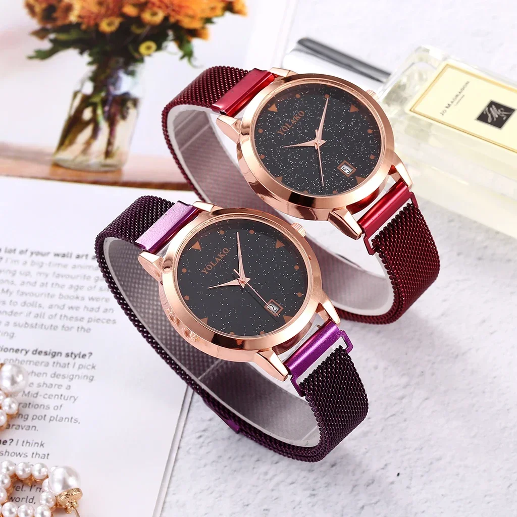 カレンダー付き女性用マグネットバックルスターリースカイウォッチ、女性用ステンレススチールクォーツ時計、高級ブランド