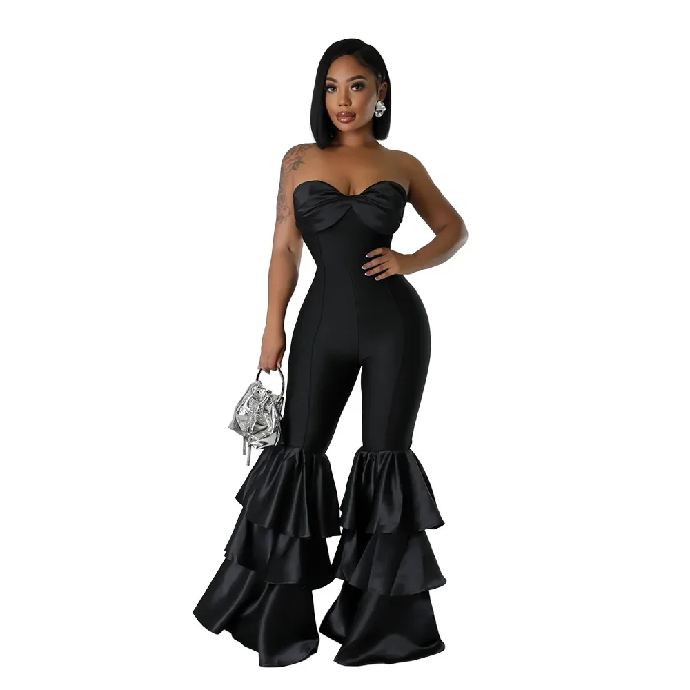 Sexy Ruched Patchwork Bodycon Jumpsuits Woman Solid Sleeveless Backless Tiered Ruffle One Piece Rompers Female Overalls New