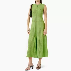 Spring And Summer New Fashion Thin Cut Hollow Lace Silver S Button Slim Fit Round Neck Sleeveless Temperament Women's Dress
