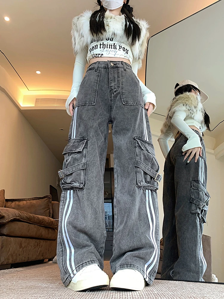 

Американские ретро-дизайны с боковыми полосками для женщин, осенние новые свободные уличные длинные брюки-карго с высокой талией и несколькими карманами