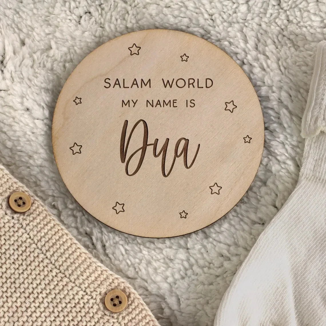 Personalized  Baby Arrival Disc  Name Reveal Card Salam World Baby Name Announcement Disc