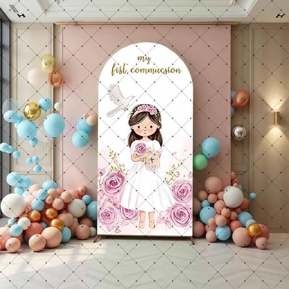 Girl Boy Baptism Party Arched Backdrop Cover Flowers Green Leaves Cross God Bless First Holy Communion Party Decor Backgrounds