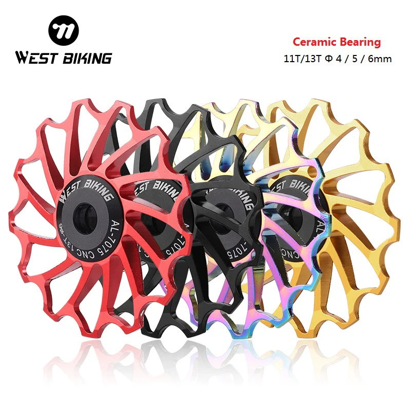 WEST BIKING 11T 13T MTB Bicycle Rear Derailleur Jockey Wheel Ceramic Bearing Pulley CNC Road Bike Guide Roller Idler 4mm 5mm 6mm