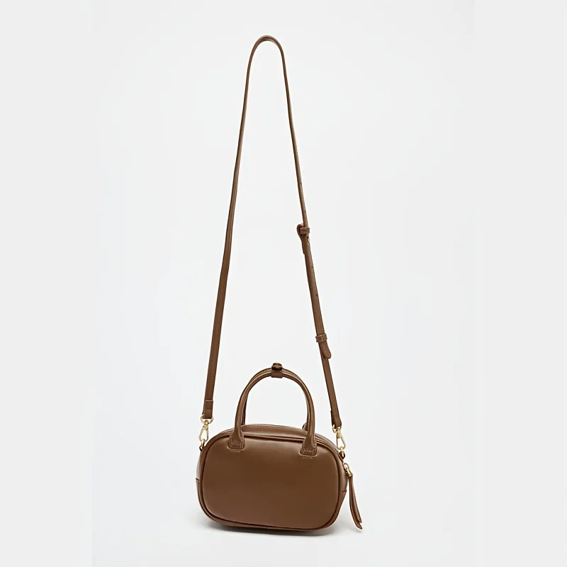 TAS MINI TOPSTITCHED, Tas Selempang Vintage Wanita Tali Lebar, Tas Tangan Desain Mewah Wanita, Tas Bahu Kecil Warna Solid