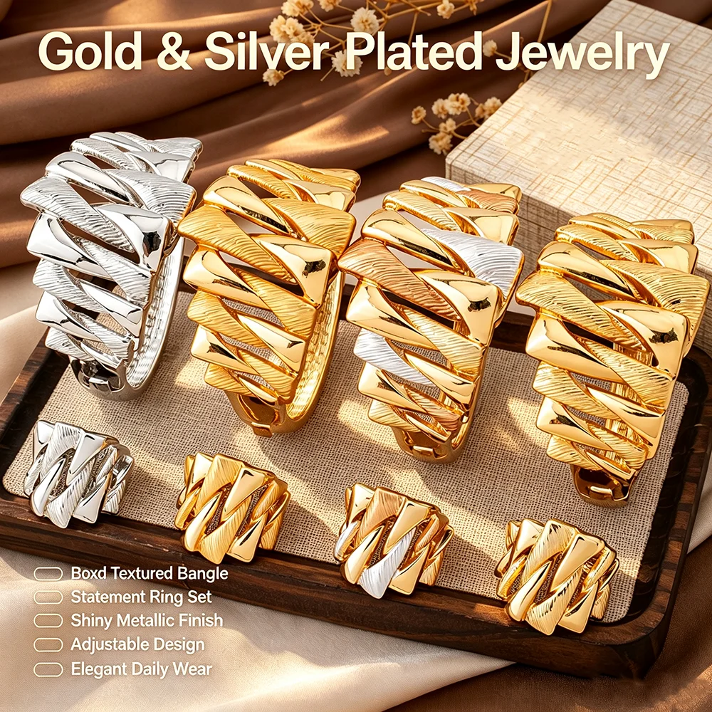 Women Bold Chunky Open Cuff Bangle & Ring Set Gold Silver Plated Geometric Texture Statement Jewelry for Daily Party Gift