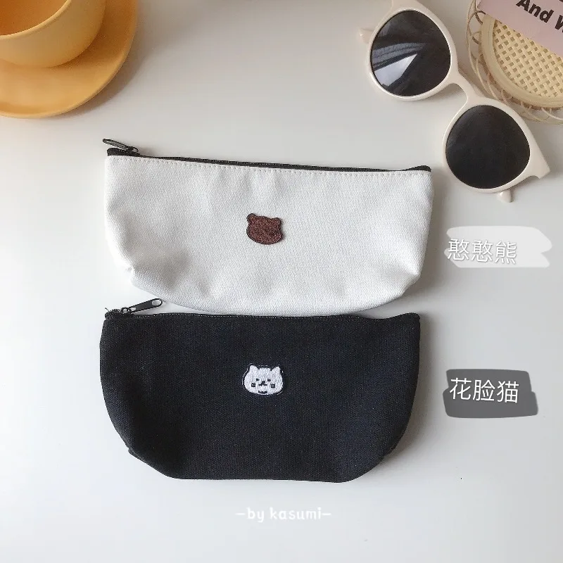 Minimalist Embroidered Canvas Triangular Pencil Case - Bear Design Cosmetic Bag for Friends & Couples