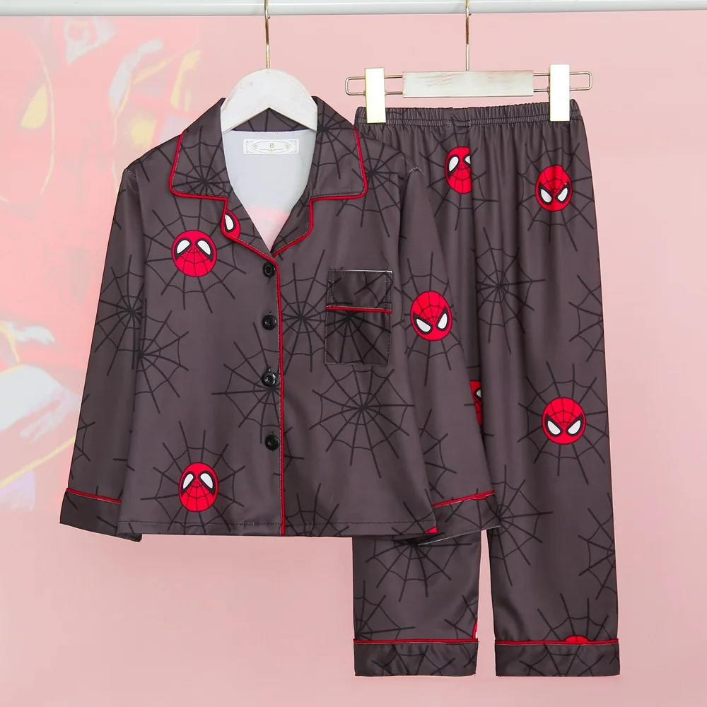 Boys Pajamas Sets Spring Autumn Children Cartoon Spiderman Turn-down Collar Long Sleeve Cardigan +Pants 2Pcs Suit Kids Nightwear