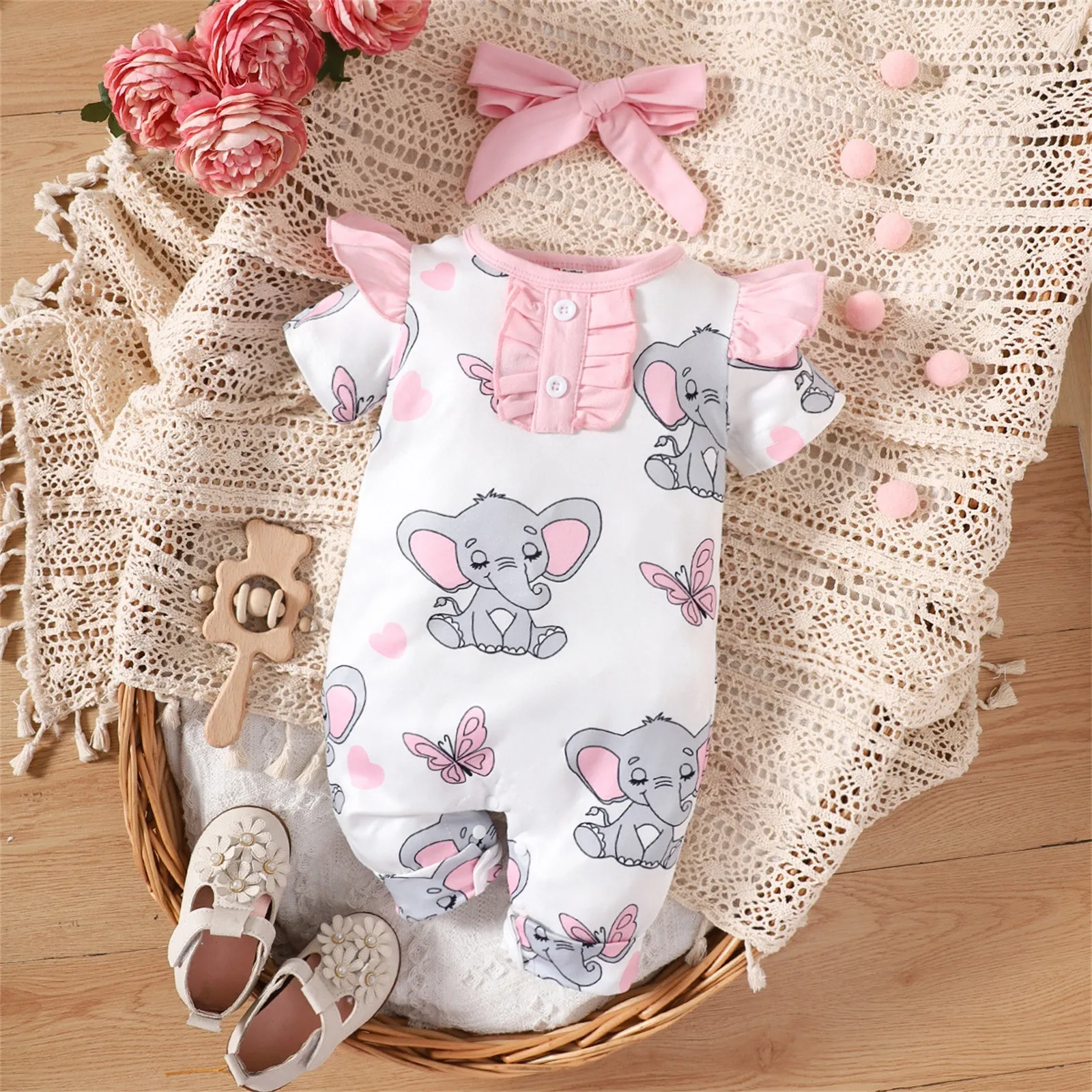 Newborn Baby Romper Pink elephant print high quality For Toddler Outfits 0-12 month baby girl clothes summer sleeveles One-piece