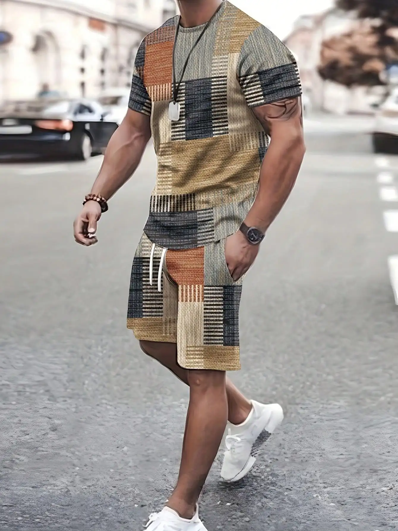 Men's Summer Plaid Printed Crew Neck Short-sleeved Casual T-shirt and Drawstring Waist Casual Shorts Set