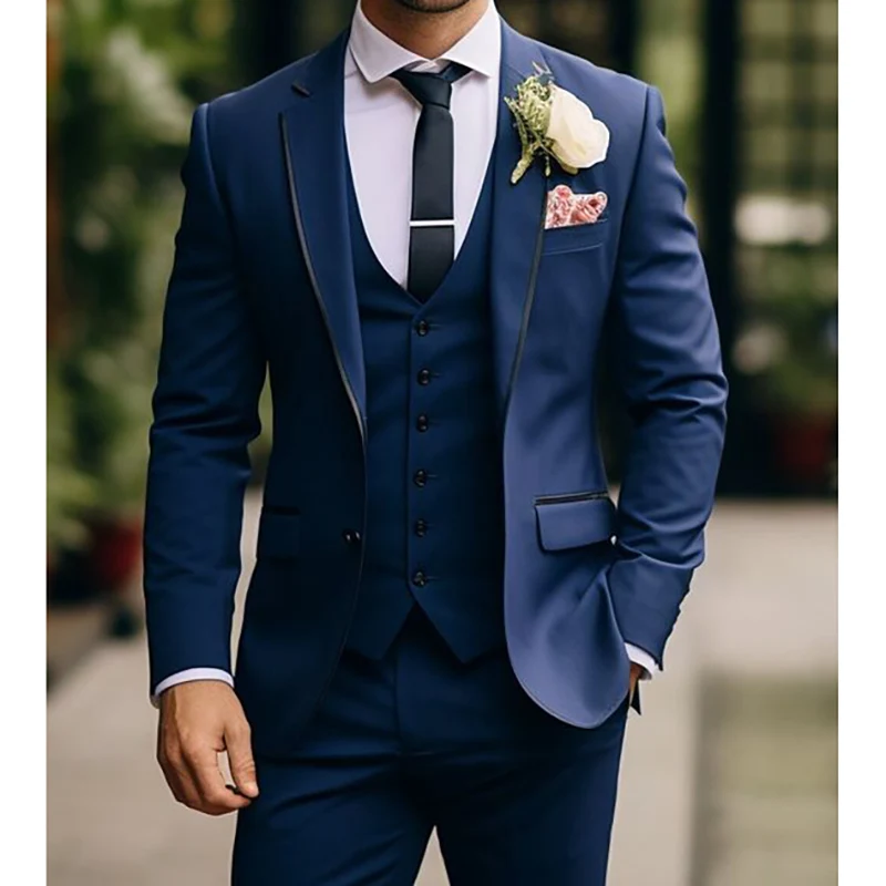 High Quality Blue Men Suits Single Breasted Notch Lapel Regular Length Slim Fit 3 Piece Jacket Pants Vest Full Sets Costume 2024