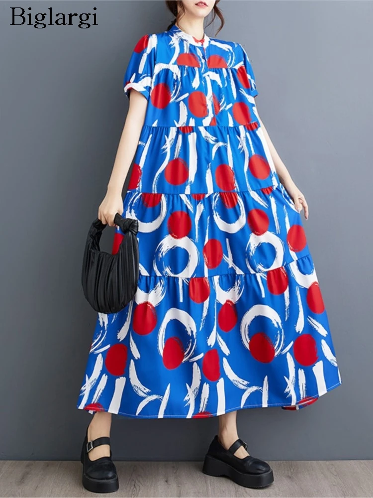 Oversized Summer Polka Dot Graffiti Print Long A-Line Dress Women Ruffle Loose Pleated Fashion Ladies Dresses Casual Woman Dress