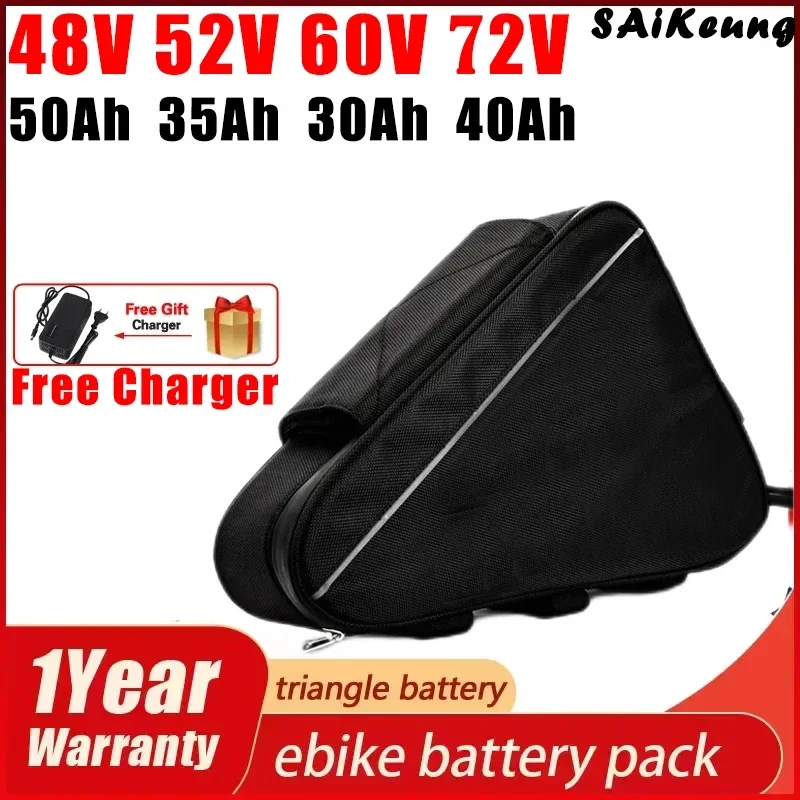 

Triangle Cell 72v 60v 52V 48V 36V 20 25AH 30AH 35ah 40 45AH Huge Capacity 2000W 50Ah 60ah Ebike Lithium Battery with 5A Charger
