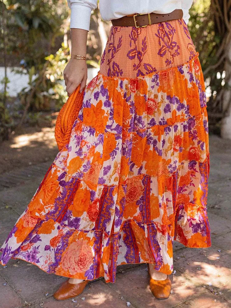 ผู้หญิงลําลอง Ruffles Patchwork กระโปรง,วันหยุดฤดูร้อน Elegant Elastic เอวกระโปรงเก๋,2025 พิมพ์แฟชั่นผู้หญิงกระโปรง