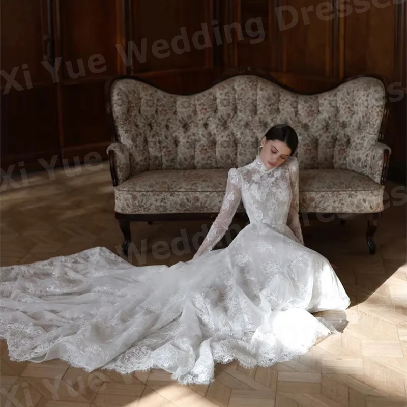 Gorgeous Pretty A Line Women's High Neck Lace Long Sleeve Wedding Dresses Vestido De Novia Bride Gowns Customized Robe De Mariée