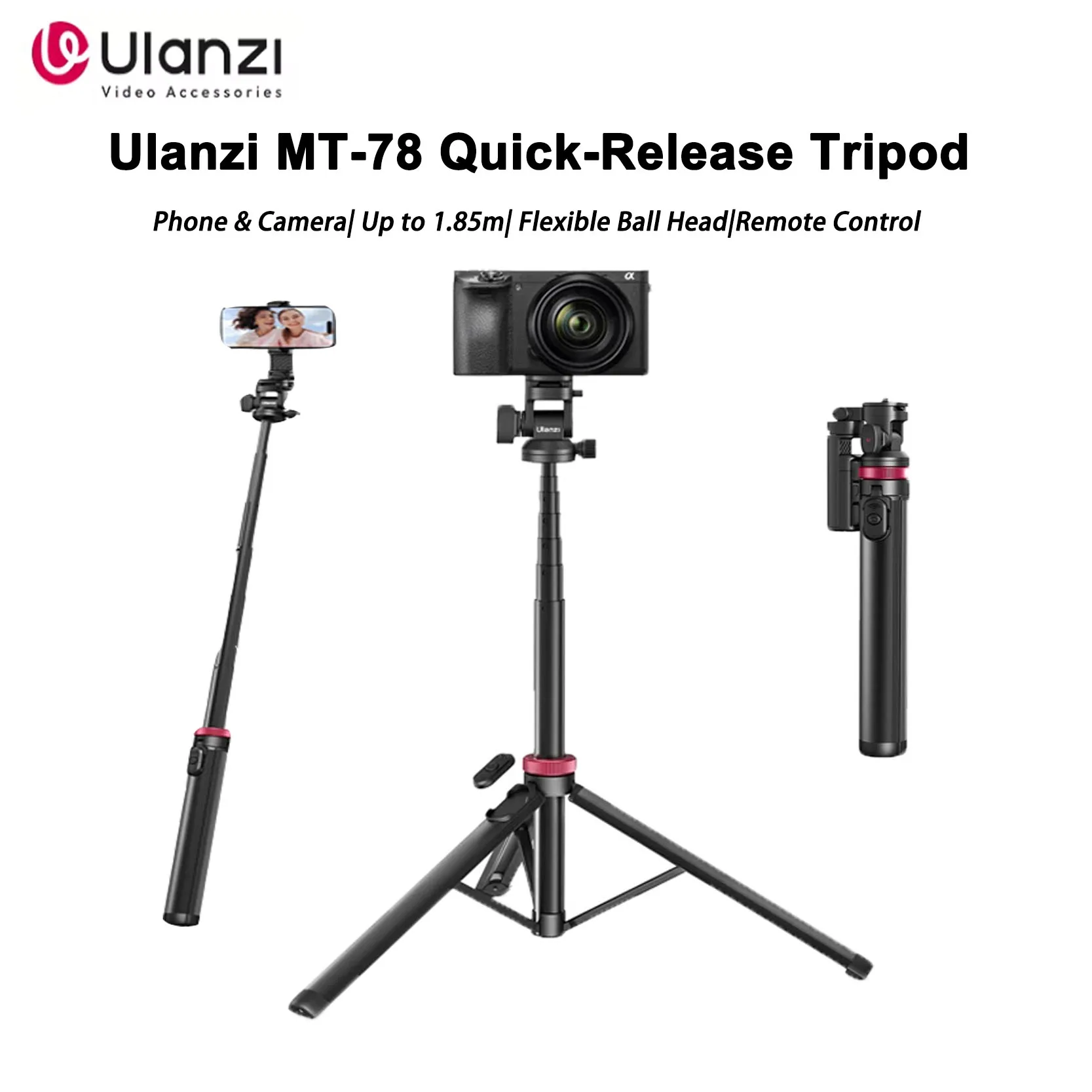 

Ulanzi MT-78 Quick-Release Tripod With Bluetooth For Camera Smartphone Fill Light Max1.85m Tripod Selfie With Remote Control