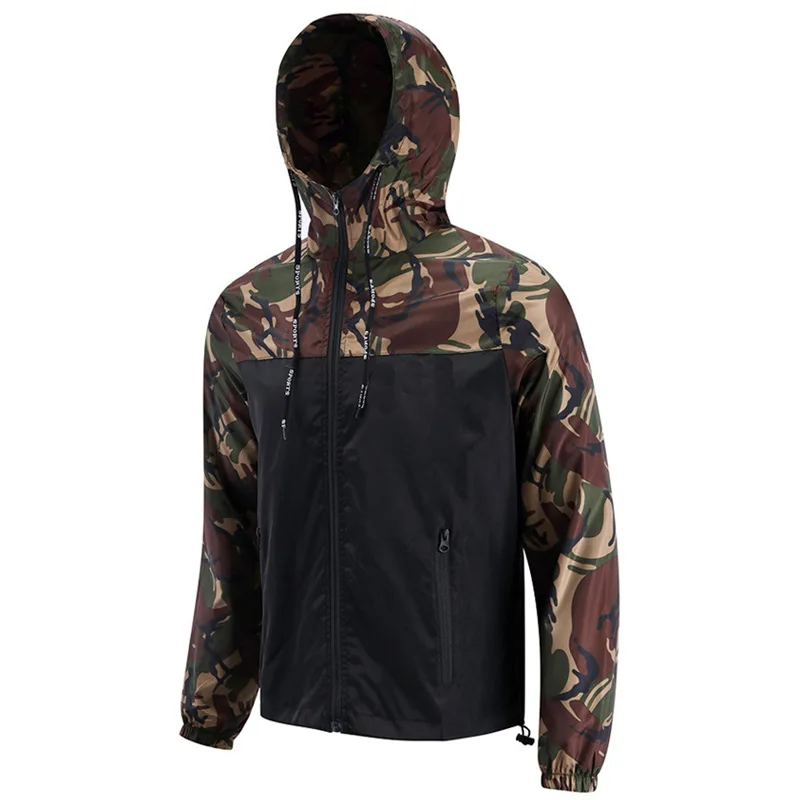 Men's Hooded Camouflage Lightweight Windproof Jacket Autumn Korean Style Bomber Outdoor Casual Sports Coat for Hiking Climbing
