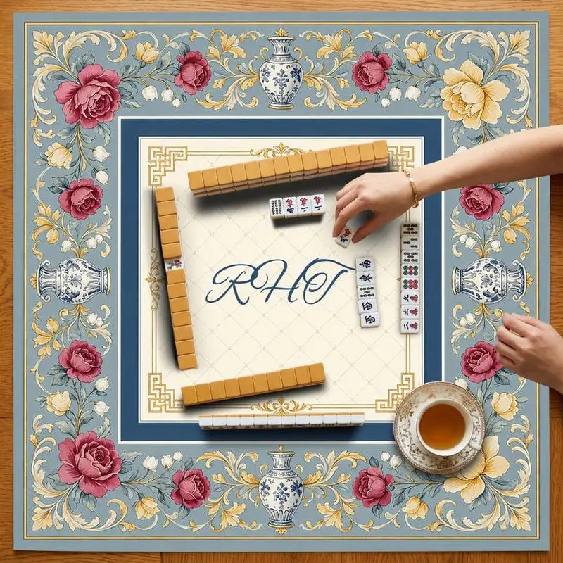 VIKAMA Blue Porcelain Peony Mahjong Mat Golden Frame Zoned Print Luxury American Charleston Mahjong Desktop Cover Non Slip