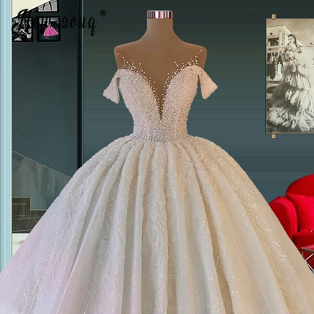 Neuheiten Spitze Off Schulter Hochzeit Kleid Perlen Kristalle Weiß Ballkleid Brautkleider Luxus Vestido De Noiva Kurzarm