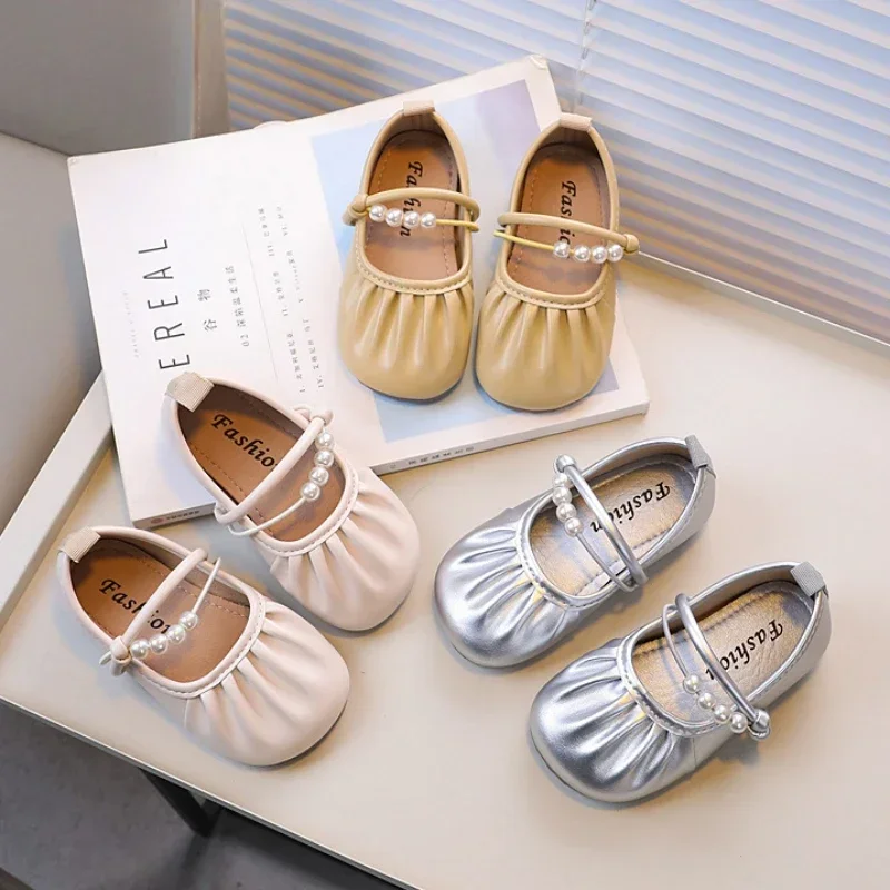 

Fashion Children's Loafers Solid Color Girl Leather Shoe Pleated Versatile Kids Princess Causal Ballet Flat Shoes Simple Sweet