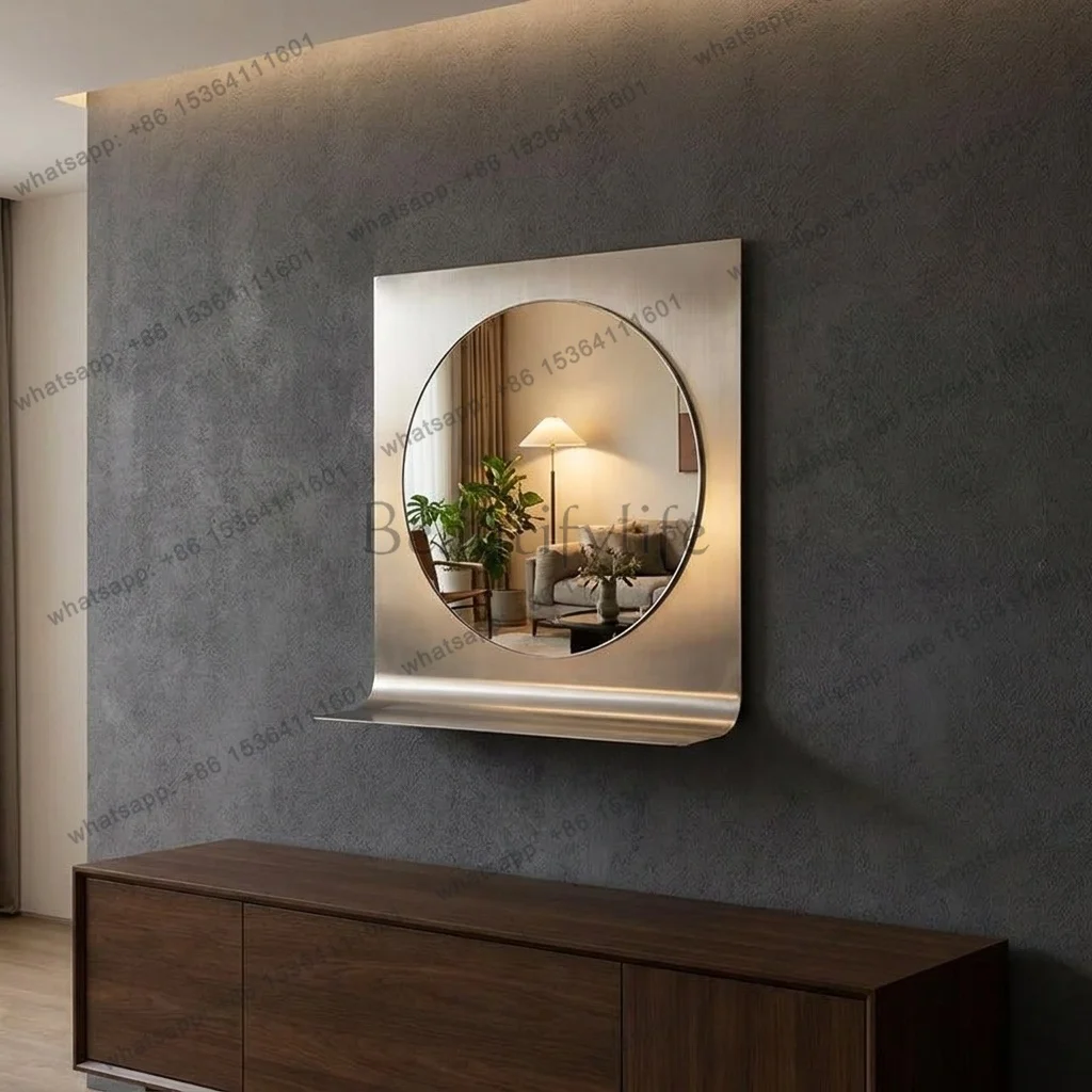 PG Brushed Stainless Steel Wall Mirror with Shelf Antique Designer Hanging Decorative Living Room Modern Set