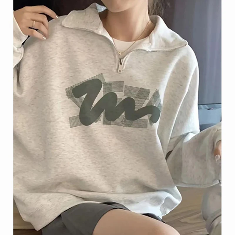 Fashion Lapel Zipper Printed Letter Casual Sweatshirts Female Clothing 2024 Autumn New Loose Korean Tops Young Style Sweatshirts