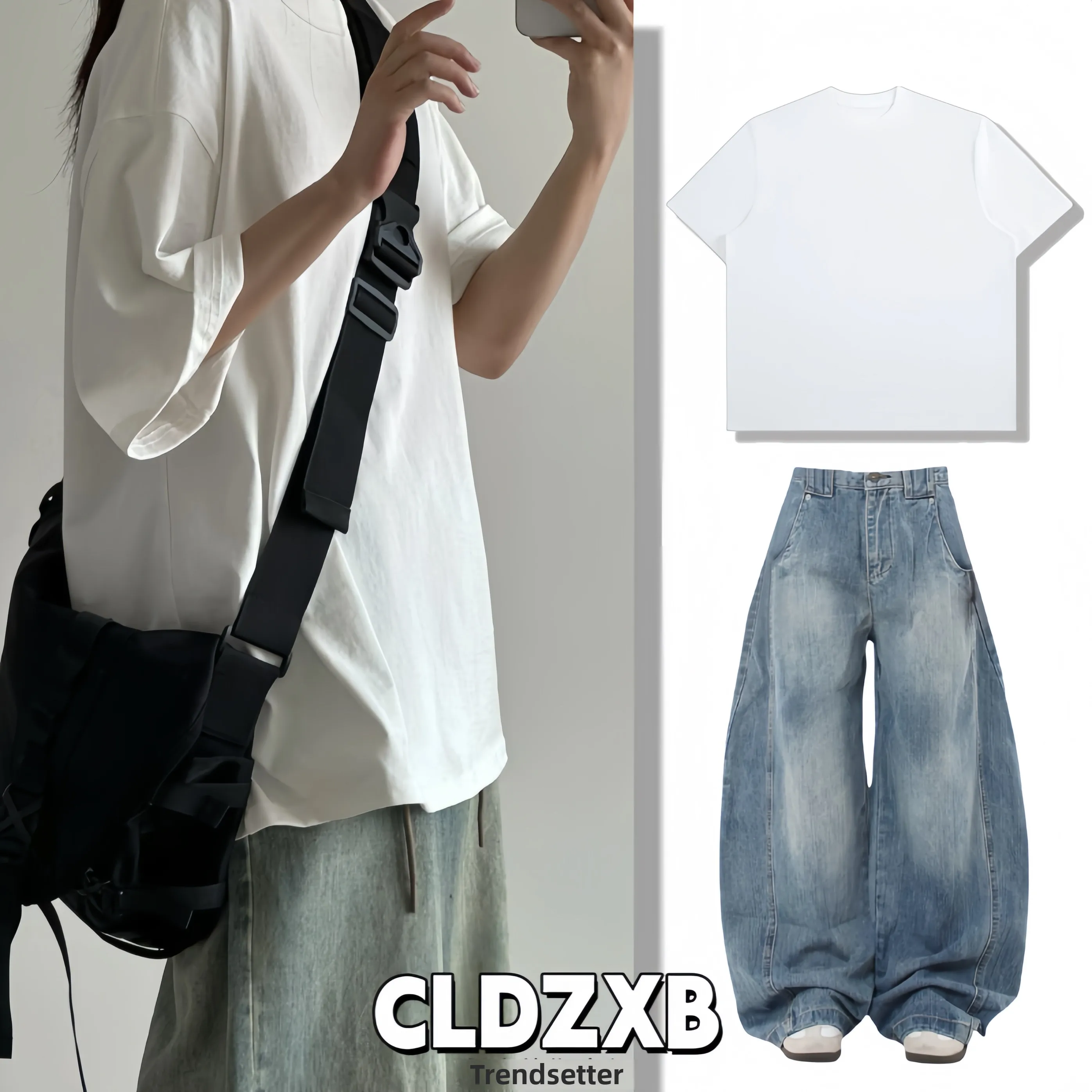 Retro American Pure Color Heavyweight Short Sleeve Loose Fit Vintage Jeans Set for Men And Women Summer Casual Cotton T-Shirt