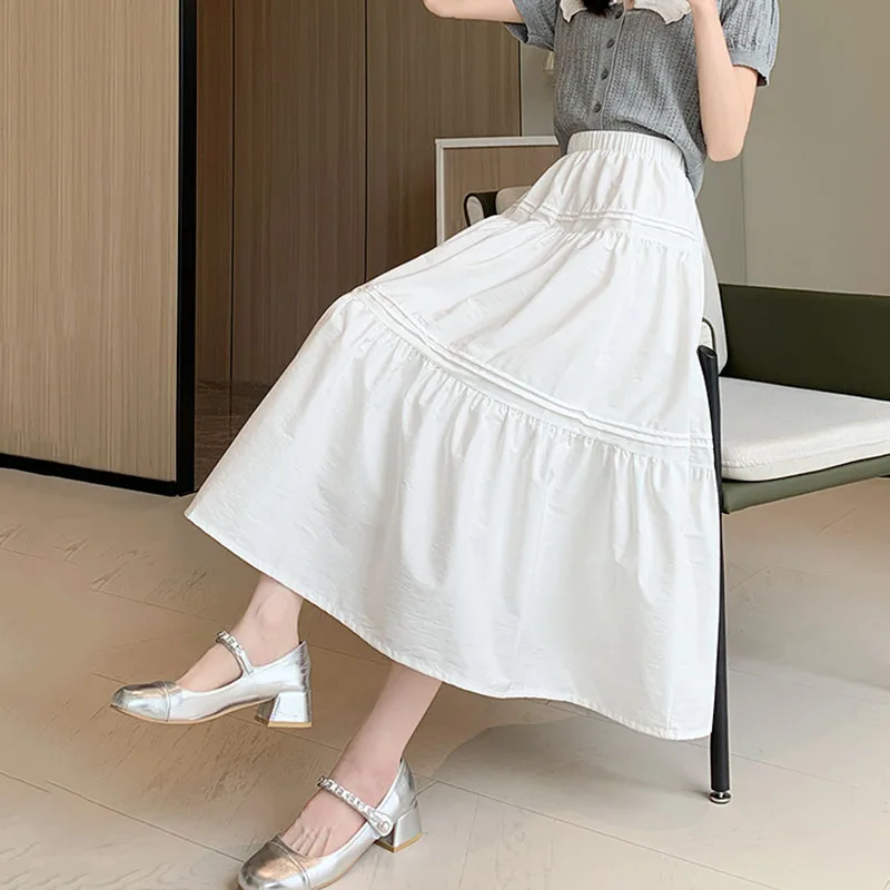Summer Casual White Long Skirts Women Korean All-Match High Waisted Midi Skirts Ladies Elegant Patchwork A-Line Pleated Skirt