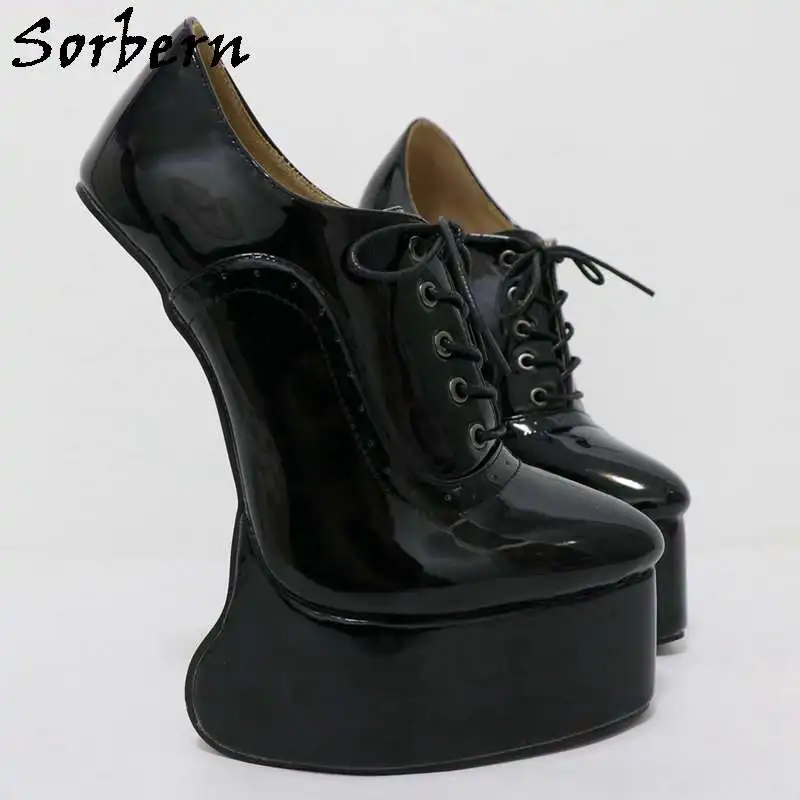 Sorbern Black Shiny Lace Up Bdsm Heelless Shoes 20cm High Heels Thick Platform Pump Patent Unisex Platform Shoes Plus Size 46