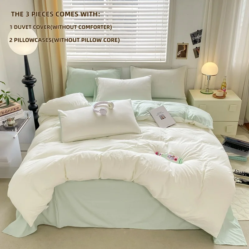 3pcs white/green Duvet Cover Set (1*Duvet Cover + 2*Pillowcase, Without Core),pure fabricBedding Set