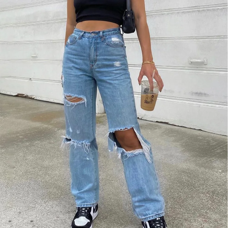 Pantalones vaqueros sexis con agujeros para mujer, pantalones largos adelgazantes, pantalones vaqueros para mujer, cintura en l, pierna recta, vaqueros azules, colección de otoño 2024