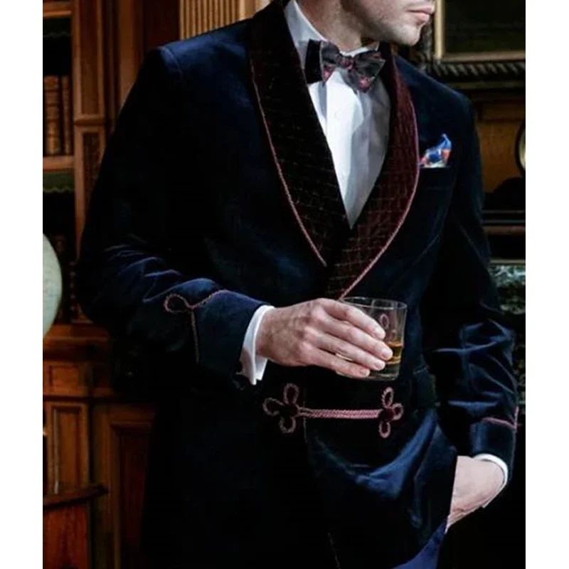 Single Breasted Formal Dinner Blazer Navy Blue Velvet Prom Men Suit Jacket Shawl Lapel Custom Male Fashion Coat 2024