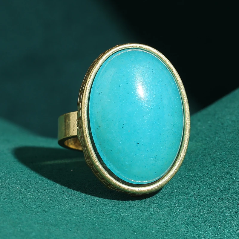 

Large Retro Natural Water Blue Stone Oval Rings For Women 2026 Antique Gold Color Jewelry Luxury Bohemia Vogues Designer Banquet