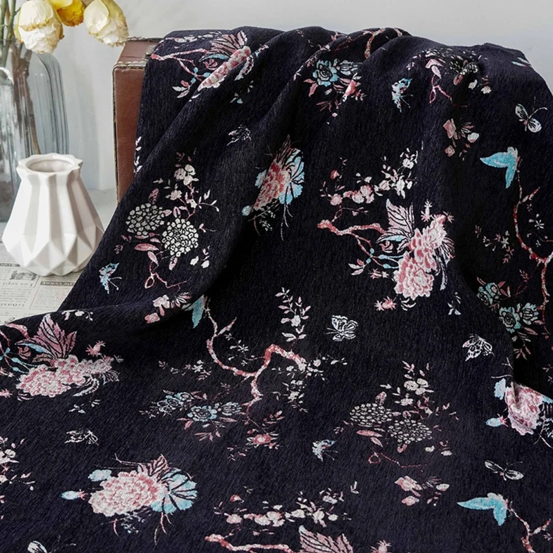 

Wide 150cm Velour Jacquard Fabric with Hibiscus Butterfly Autumn Winter Fabric for Dresses, Vests, Coats Sofa Upholstery