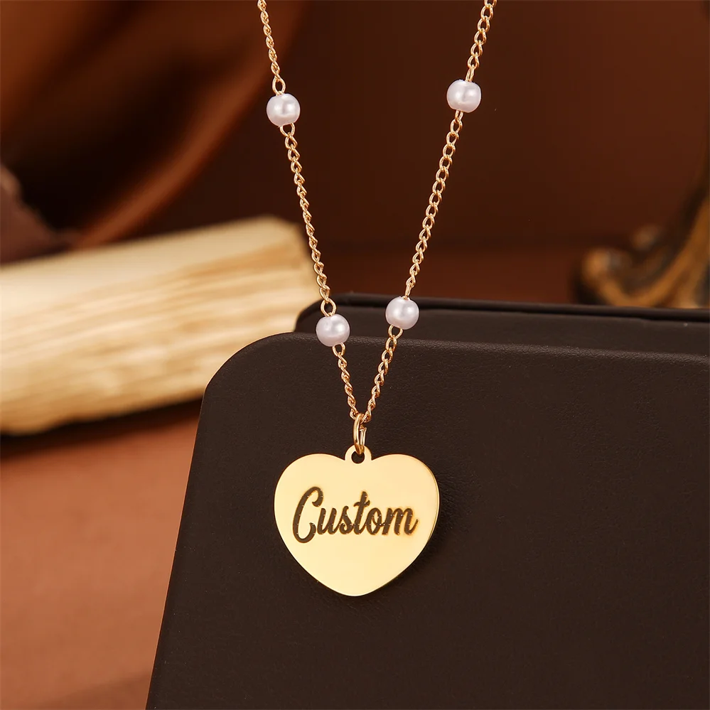 QIMING Elegant Pearl Love Heart Customized Name Necklace For Women Stainless Steel Jewelry Wedding Gift