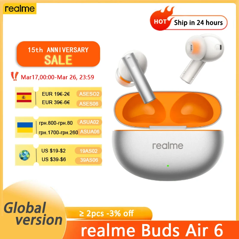 New Global Version realme Buds Air 6 Wireless Earphone 50dB Active Noise Cancelling 40 Hour Battery Life Bluetooth 5.3 Headphone