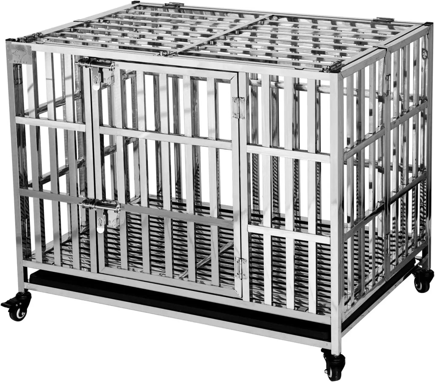 

RyBuy 37" Stackable Heavy Duty Dog Crate Pet Stainless Steel Kennel Cage for Small Dogs with Tray in-Door Foldable