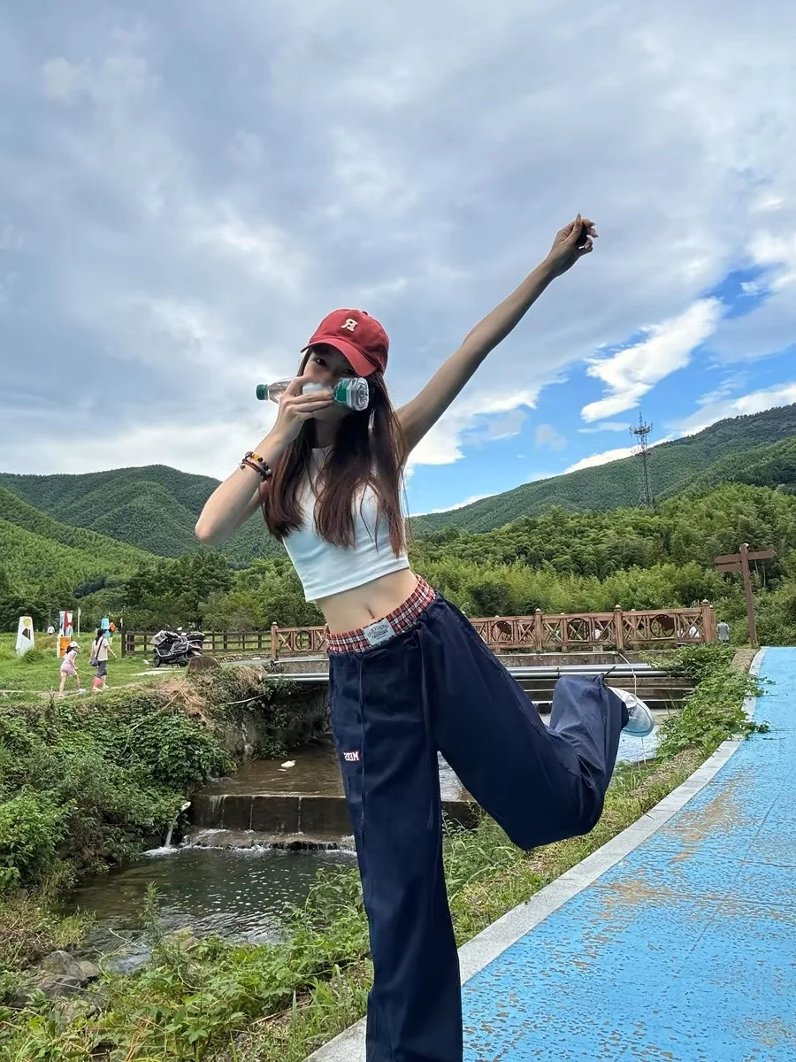 

American Retro Plaid Splicing Fake Two-Piece Casual Pants Loose Sports Workwear for Men And Women Summer Long Trousers