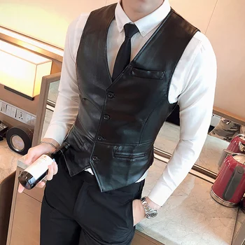 2022หนังหนังใหม่ผู้ชายแฟชั่น Casual คุณภาพสูงสี Single Slim Slim ขนาดใหญ่ธุรกิจเสื้อกั๊ก Waistcoat S-5XL