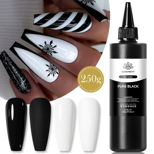 BORN PRETTY 250g Esmalte de uñas de gel de color blanco y negro puro Gel desnudo de gelatina semipermanente Paquete rellenado Soak Off Gel LED UV