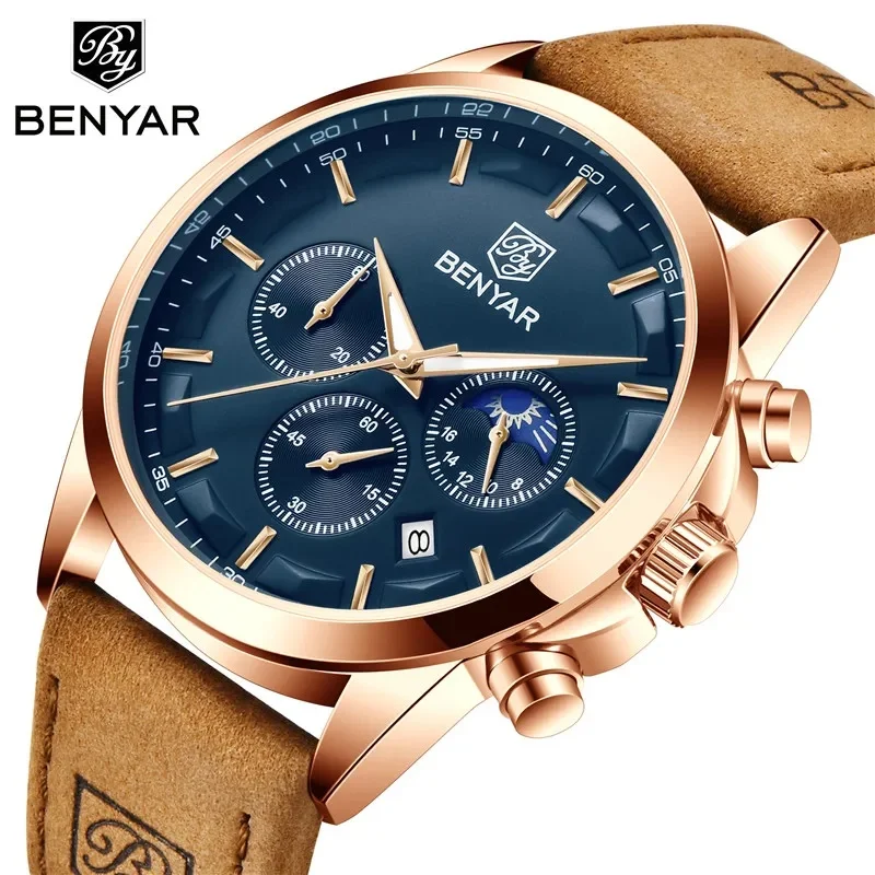 BENYAR 5160 Men's Chronograph Watch Sports Military Style Date Display Leather Strap Luxury Wristwatch Water Resistant